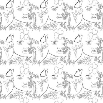 Modern minimalistic portraits with plants in doodles. A set of seamless abstract modern faces with a pattern in the form of a single drawn line. vector