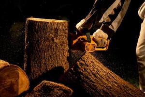 electric chainsaws cut trees in the forest for building a house and making firewood The concept of deforestation photo