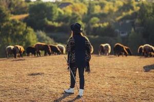 Female shepherd and flock of sheep at a lawn photo