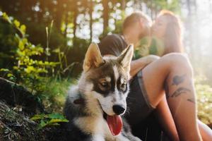 hermosa pareja descansando en el bosque foto