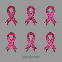 Pink ribbon vector with different pattern set. awareness month. Breast Cancer Awareness Month October.