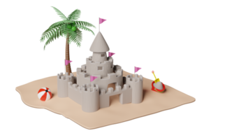 zand kasteel met torens, fort, poorten en vlaggen, zanderig strand, handpalmen, kokosnoot, zomer reizen vakantie concept, 3d illustratie of 3d geven png