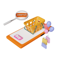 Orangefarbenes Mobiltelefon, Smartphone mit Ladenfront, Suche, Etikettenetikett kaufen, Lupe, Einkaufswagen, Papiertüten, Ballon isoliert. online-shopping, suchdatenkonzept, 3d-illustration oder 3d-rendering png