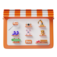 Orangefarbenes Tablet, Handy, Smartphone mit Ladenfront, Lupe, Teddybär, LKW, Skateboard, Drohne, Wagen isoliert. online-shopping oder suchdatenkonzept, 3d-illustration oder 3d-rendering png