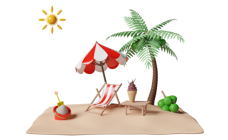 sommerreise mit eistüten, strand, eimer, stuhl, insel, regenschirm, kokospalme, wolke, sonne isoliert. konzept 3d-illustration oder 3d-rendering png