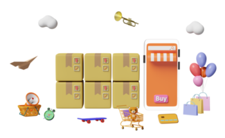 orange mobile phone, smartphone with store front, cart, paper bags, goods cardboard box, credit card, megaphone isolated. online shopping, search data concept, 3d illustration, 3d render png