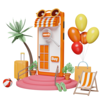 podio de escenario con teléfono móvil naranja o frente de tienda de teléfonos inteligentes, maleta, tabla de surf, silla de playa, globo, palma, bolsas de papel de compras, concepto de venta de verano de compras en línea, ilustración 3d o presentación 3d png