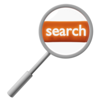 lupa con etiqueta de etiqueta de búsqueda aislada. motor de búsqueda web mínimo o concepto de navegación web, ilustración 3d o presentación 3d png