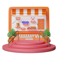 podium de scène avec devanture de magasin de moniteur d'ordinateur orange, loupe, ours en peluche, camion, planche à roulettes, drone isolé. achats en ligne ou concept de données de recherche, illustration 3d, rendu 3d png