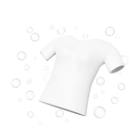 camisa mostra lavagem com água de bolha de brilho, ilustração de publicidade 3d limpa com sabão em pó, detergente líquido, renderização em 3d png