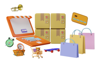 orange computer with store front, cart, paper bags, goods cardboard box, credit card, megaphone, balloon, alarm clock isolated. online shopping, search data concept, 3d illustration, 3d render png