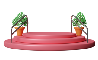 podium de scène vide avec escalier, main courante, monstère de feuilles, composition pour affichage de scène moderne et maquette minimaliste, arrière-plan abstrait de vitrine. concept illustration 3d, rendu 3d png