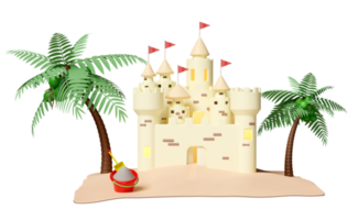 castelo de areia com torres, forte, portões e bandeiras, praia de areia, palmeiras, coco, conceito de férias de viagem de verão, ilustração 3d ou renderização 3d png