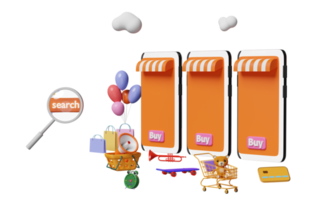 orange mobile phone, smartphone with store front, label tag, magnifying, cart, paper bags, skateboard, credit card isolated. online shopping, search data concept, 3d illustration, 3d render png