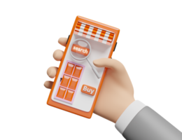 geschäftsmannhände, die orange handy, smartphone mit der lupe lokalisiert halten. online-shopping, suchdatenkonzept, 3d-illustration oder 3d-rendering png