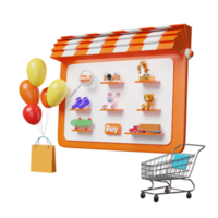 tablette orange ou téléphone portable ou smartphone avec devanture de magasin, loupe, ours en peluche, camion, planche à roulettes, drone, chariot isolé, achats en ligne ou concept de données de recherche, illustration 3d, rendu 3d png