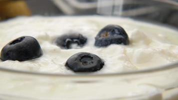 Close up yogurt and blueberries video