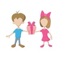 una niña y un niño sosteniendo una caja de regalo con cinta vector