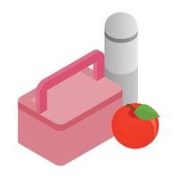 Pink lunch box, red apple and thermos icon vector