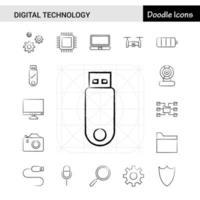 conjunto de 17 iconos dibujados a mano de tecnología digital vector