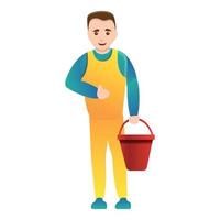 Cleaner man with red bucket icon, cartoon style vector