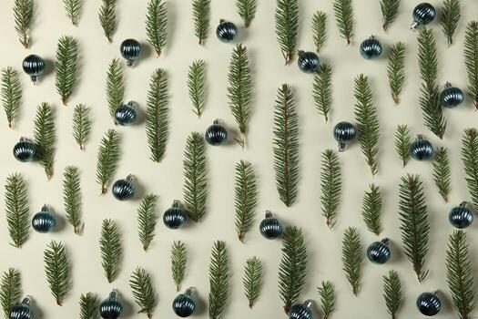 Holidays greeting card or banner composition with pine tree branches. Merry Christmas background and Happy New Year 2023. photo