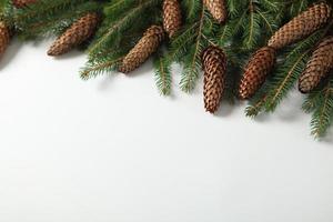 Holidays greeting card or banner composition with pine tree branches. Merry Christmas background and Happy New Year 2023. photo