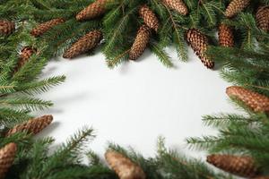 Holidays greeting card or banner composition with pine tree branches. Merry Christmas background and Happy New Year 2023. photo