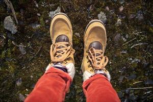 Female feet in yellow suede boots stand in moss with stones. Top view. Close-up. photo