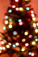 merry christmas background with christmas tree and blurry lights garland on red backdrop in defocus photo