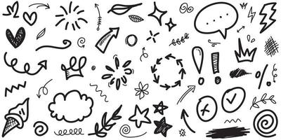 Abstract arrows, ribbons, fireworks, hearts, lightning,love , leaf, stars, cone, crowns and other elements in a hand drawn style for concept designs. Scribble illustration. vector