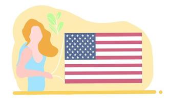 ilustración vectorial de la bandera o símbolo del país estadounidense o estadounidense, con una mujer sosteniendo una cuerda de bandera. para folleto, volante, revista, afiche, folleto, pancarta, web, promoción, aislado en fondo blanco vector