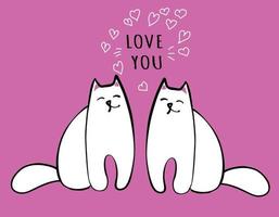 dos gatos enamorados, linda pareja de animales con corazones, plantilla de tarjeta de felicitación - ilustración de vector plano de dibujos animados. día de San Valentín