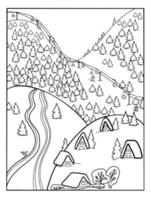 Coloring book . Lovely landscape,mountains and village in winter valley. Vector art line background.