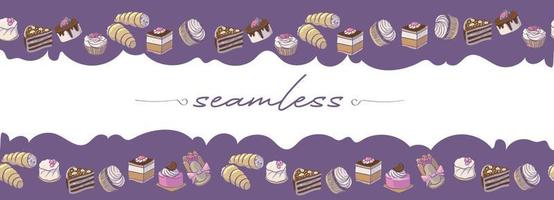 Horizontal Border Pattern with Cake and Pie Slices. Background with Bakery Sweets. vector