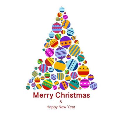 Christmas tree made of colorful toys in a flat style on a white background.