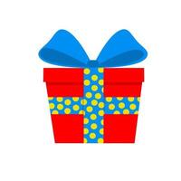 Gift in a red box with a blue polka dot ribbon. Surprise with a beautiful bow. Flat style. For a logo, banner, or postcard. Vector illustration on a white isolated background.