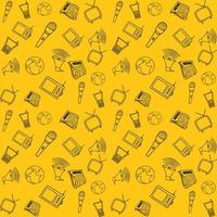 A news pattern consisting of a microphone, TV, radio, newspaper, phone, speaker, and planet. Vector pattern on an orange isolated background.