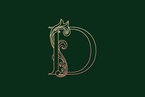 Golden Elegant Luxury Initial Letter D with Swirl Floral Ornament Logo and Dark Green Background vector
