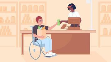 Animated buying goods illustration. Man with disability in supermarket. Equity in life. Looped flat color 2D cartoon characters animation video in HD with grocery on transparent background