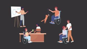 Animated disabled characters set. Life after trauma. Full body flat people on black background with alpha channel transparency. Colorful cartoon style HD video footages pack for animation