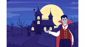 Animated inviting beast illustration. Welcoming vampire. Monster spooky residence. Looped flat color 2D cartoon character animation video in HD with full moon on transparent background