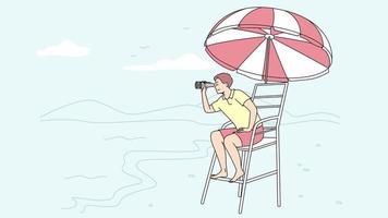 livräddare sitta på torn på strand se i kikare. manlig vakt eller räddare tittar på människor i vatten på stranden. livräddare arbete. rörelse illustration. video
