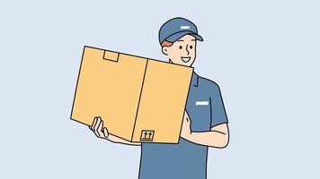 un repartidor sonriente con una caja de sujeción uniforme entrega el paquete al cliente o al cliente. feliz mensajero o cartero con paquete. ilustración de movimiento video