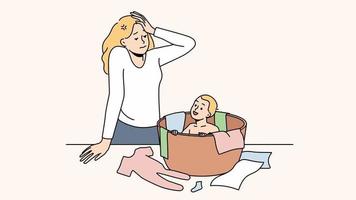 Exhausted young mother overwhelmed with ill-behaved child hiding in basket. Tired mom suffer from burnout. Motherhood problems. Motion illustration. video