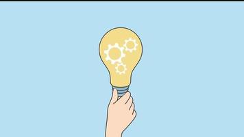 gros plan sur une main tenant une ampoule avec mécanisme d'engrenage à l'intérieur. personne avec ampoule génère une idée d'entreprise innovante et créative. illustration de mouvement. video