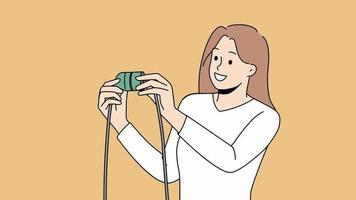 Smiling young woman connect electric plug into pocket. Happy female find solution to problem. Dilemma solving. Motion illustration. video