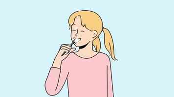 leende flicka pensling tänder med tandborste och tandkräm. Lycklig barn rekommendera dental vård för vit friska tand. oral vård. rörelse illustration. video