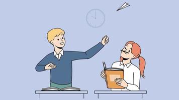 Happy children at class in school throw paper planes together. Smiling kids have fun at break in classroom. Motion illustration. video