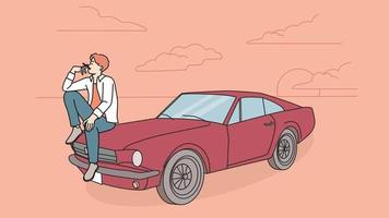 Young man sit on car hood smoking. Cool guy near automobile relax with cigarette. Motion illustration. video